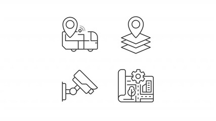 Poster - Urban planning line animations. Animated smart city icons. Smart public transport and surveillance. Black illustrations on white background. HD video with alpha channel. Motion graphic