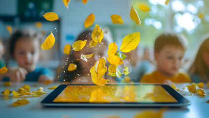 A tablet displaying vibrant falling leaves, showcasing the beauty of nature and technology, captivating children in the background.