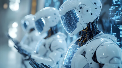 Poster - Futuristic robots displaying advanced technology in a dynamic digital environment, symbolizing the future of artificial intelligence.