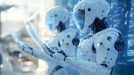 Poster - Futuristic robots interact with digital interfaces in a sleek, high-tech environment, showcasing advanced technology and innovation.