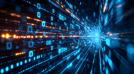Poster - Abstract digital background with vibrant blue binary data streams flowing through space. Perfect for technology or data themes.