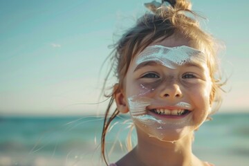 Little smiling girl with sunscreen on face at the beach