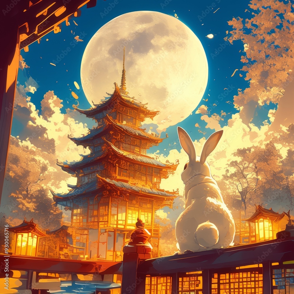 Ethereal Jade Rabbit Overlooking Temple Under Full Moon: Captivating ...