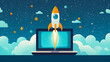 © Earny - A colorful rocket launching from a laptop, symbolizing innovation and creativity in technology against a starry background.