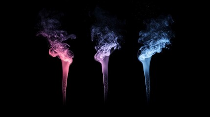 Wall Mural - An abstract representation of fragrances, in the form of three trails of colorful smoke. The trails are moving thowards the back of a Black plain background photo studio. Deep Black background, no