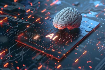 Poster - 3D rendering of the human brain on top of an electric circuit board with text 