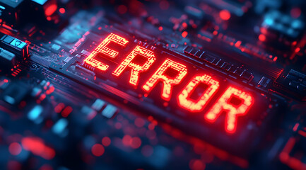Poster - Close-up of a computer circuit board displaying a vivid red 'ERROR' message, symbolizing system malfunctions or troubleshooting.