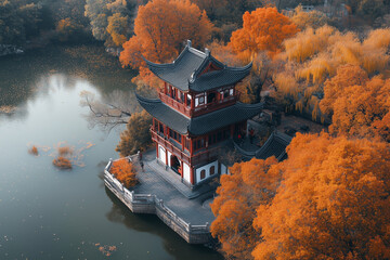 Wall Mural - Japan castle in autumn season , Japan temple with yellow leaf tree near the lake, Stone fortress among the yellow leaf tree.	
