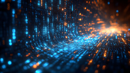 Poster - Vibrant data flow with glowing blue and orange particles, creating a dynamic digital landscape. Ideal for technology themes.