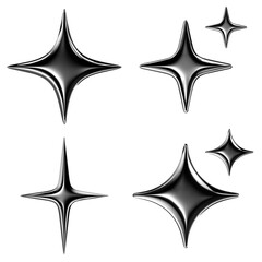 Poster - Glossy chrome sparkle 3D icons set isolated. Silver metal 4 point star png, futuristic 3D elements, shiny spark