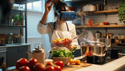 A chef in VR cooking in the kitchen.