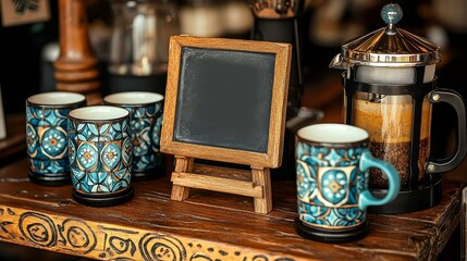 Wall Mural - Elegant Coffee Setup with French Press and Decorative Mugs on Wooden Table