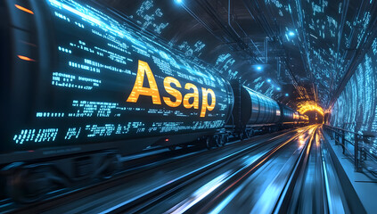 Poster - A dynamic train moving through a futuristic tunnel, illuminated by vibrant digital displays showcasing the word 'Asap'.