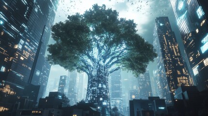 Poster - a futuristic city features glass skyscrapers, holograms, and a glowing energy tree, merging spiritua