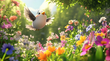 A happy 3D cartoon character, a cute bird, flying over a lush flower garden with various types of flowers in full bloom