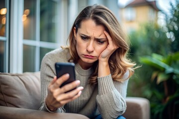 Sad woman holding mobile phone in hands, waiting for call or message. Frustrated female reading news, looking with strained uncertainty at smartphone with bad thoughts in head, loss of connection.