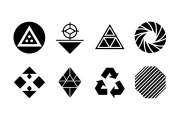 A collection of black and white geometric icons on a white backdrop