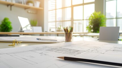 Aufkleber - Architectural blueprints on a desk in a bright office