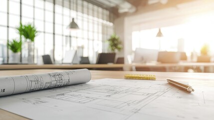 Aufkleber - Architectural blueprints on a desk in a bright office