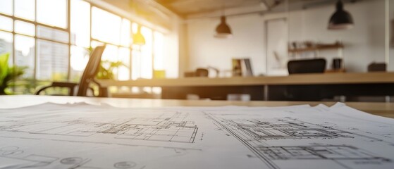 Aufkleber - Architectural blueprints on a desk in a bright office