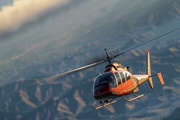 Sticker - Red Helicopter Flying Over Mountains at Sunset.