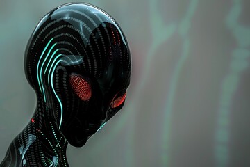 Poster - Close-up of a Futuristic Alien with Glowing Lines and Red Eyes.