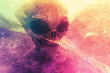 Poster - Close-up of an Alien's Face with a Colorful Abstract Background.