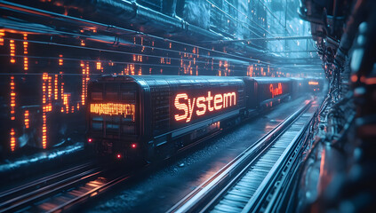 Poster - Futuristic train system illuminated by neon lights in a high-tech environment, showcasing urban innovation and technological advancement.