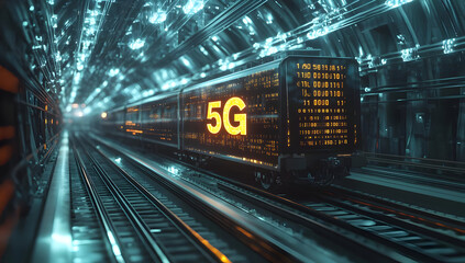 Poster - Futuristic train travels through a glowing tunnel, showcasing 5G technology with vibrant lights and advanced transportation.