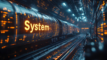 Poster - Futuristic underground tunnel with glowing digital elements, showcasing the word 'System' in vibrant illumination.