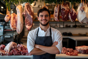 Smiling butcher stands confidently in a well-stocked meat shop surrounded by various cuts of fresh meat.