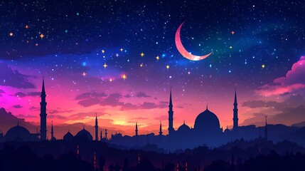 Canvas Print - Starry Night Sky with Crescent Moon and Silhouette of Mosques