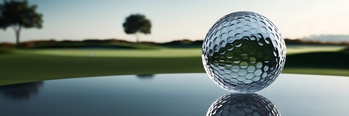 A golf ball sits on table against the backdrop. Golf championship or team competition event banner with golf ball