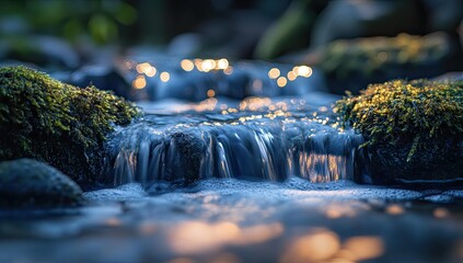 Wall Mural - Water flows over mossy rocks with bokeh.