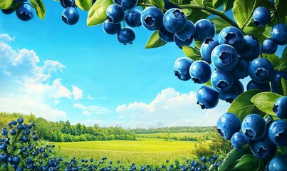 Wall Mural - Frame made of branches with blueberries, rural countryside landscape, background with copy space