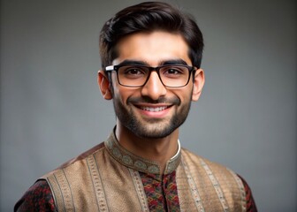 half body frontal portrait shot of handsome pakistani ethnicit model in traditional pakistani dress