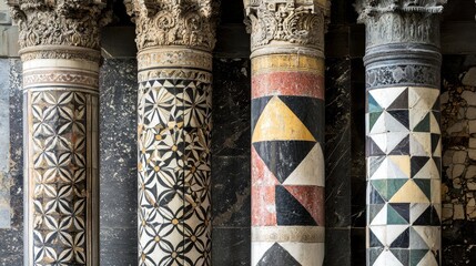 Intricate Geometric Patterns on Historic Columns in Architectural Detail