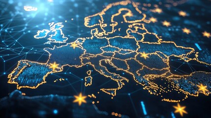 Poster - A digital map of Europe with glowing network lines, representing connectivity and data transfer across the European Union.