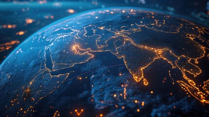 Poster - A digital world globe centered on Asia and the Middle East, symbolizing global connectivity, data transfer, and cyber technology.