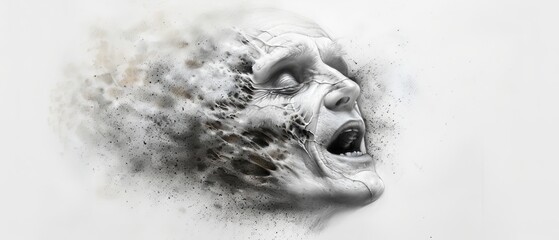 Wall Mural -  A monochrome image of a man's face, exhaling substantial smoke from his mouth