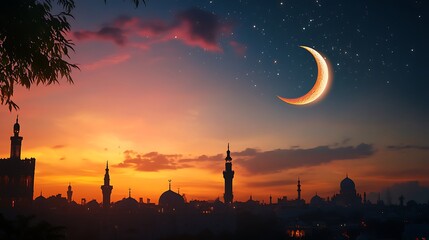 Canvas Print - Silhouetted Cityscape with Crescent Moon and Stars