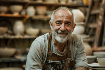 An elderly man skillfully crafts pottery in a traditional workshop ai generative