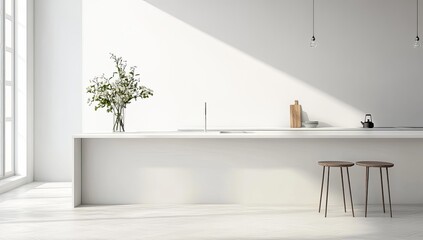 Minimalist white kitchen with two stools.