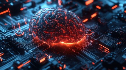 Poster - A futuristic electronic brain with neural circuits, showcasing AI, biotech innovation, and progress in quantum computing systems.