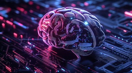 Poster - A futuristic electronic brain with neural circuits, showcasing AI, biotech innovation, and progress in quantum computing systems.