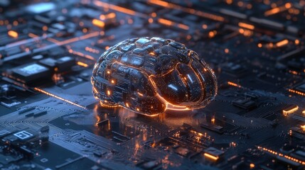Poster - A futuristic electronic brain with neural circuits, showcasing AI, biotech innovation, and progress in quantum computing systems.