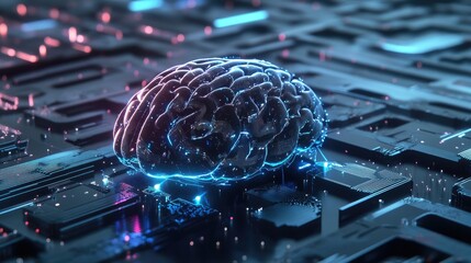 Poster - A futuristic electronic brain with neural circuits, showcasing AI, biotech innovation, and progress in quantum computing systems.