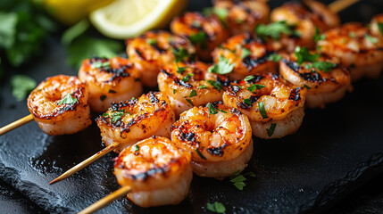 Gourmet grilled shrimp skewered with a herbs, a close-up shot on a dark slate plate.	