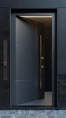 Poster - The gray aluminum door stands open, inviting entry into a sleek, modern space that highlights minimalistic design