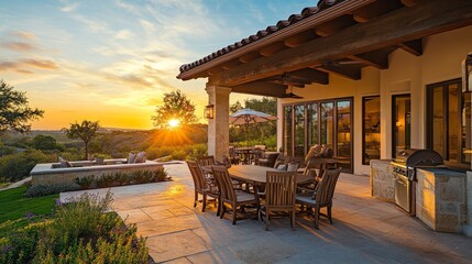 Wall Mural - Gorgeous exterior of a luxury home at dusk. boasts a sizable covered patio with outdoor seating, a grill, and a table and chairs